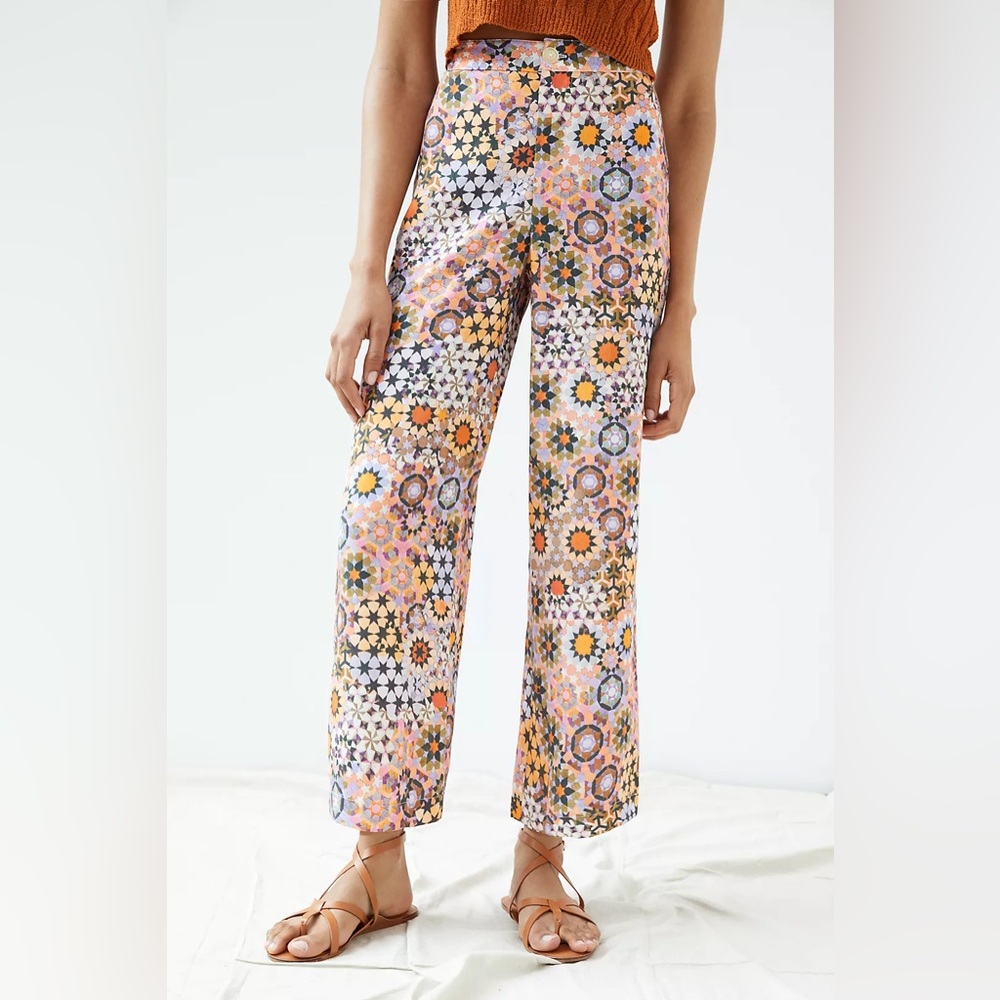 Anthropologie Geometric Kaleidoscope Patchwork Quilt Straight Wide Leg Pants 8